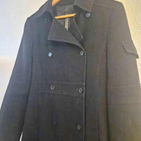 BCBG MaxAzria Black Wool Blend Sexy Trench Coat: Flattering Classic Essential - Picture 6 of 7